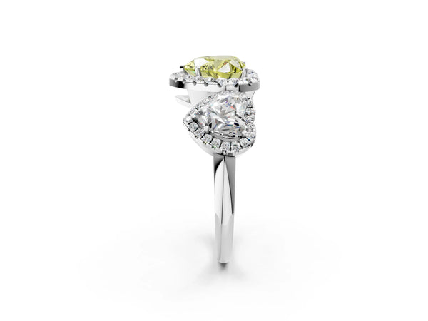Silver Three-Stone Fancy Yellow Heart Cut Halo Diamond Ring with Pave Band and Four-Prong Setting