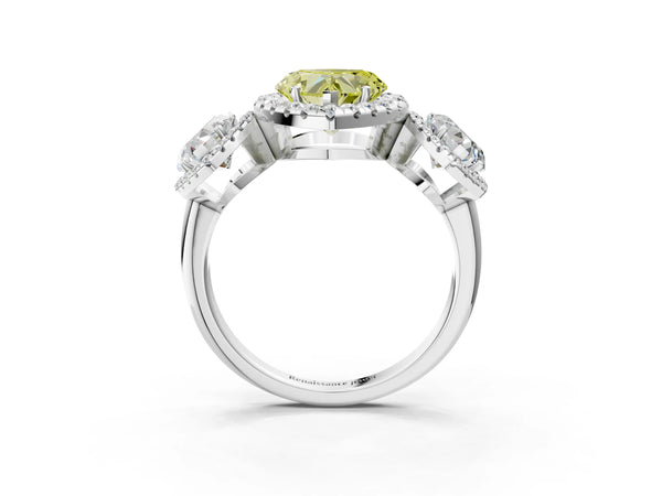 Silver Three-Stone Fancy Yellow Heart Cut Halo Diamond Ring with Pave Band and Four-Prong Setting