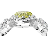 Silver Three-Stone Fancy Yellow Heart Cut Halo Diamond Ring with Pave Band and Four-Prong Setting_16