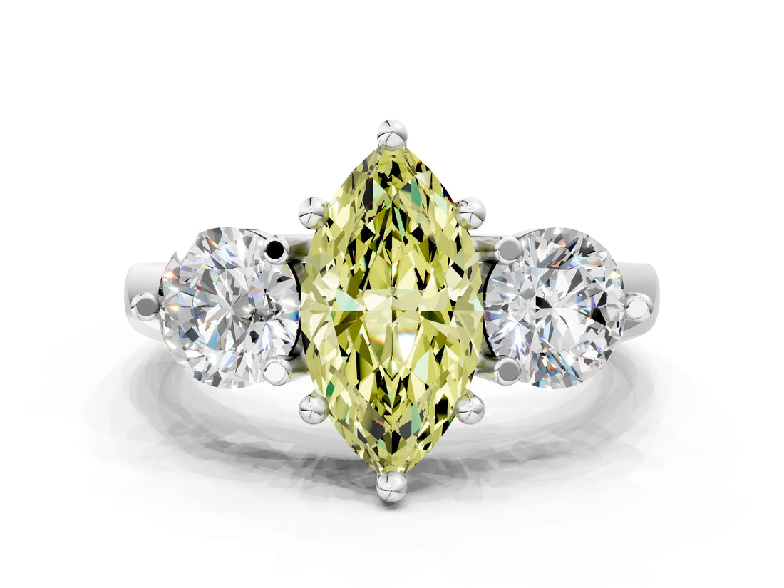 Silver Three-Stone Fancy Yellow Marquise  Brilliant Cut Solitaire Ring with Prong Setting on a Classic Band