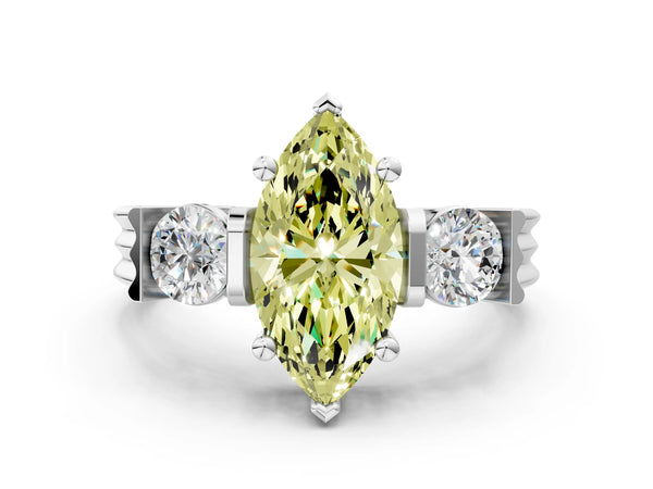 Silver Three-Stone Fancy Yellow Marquise Cut Classic Band Prong Setting Ring