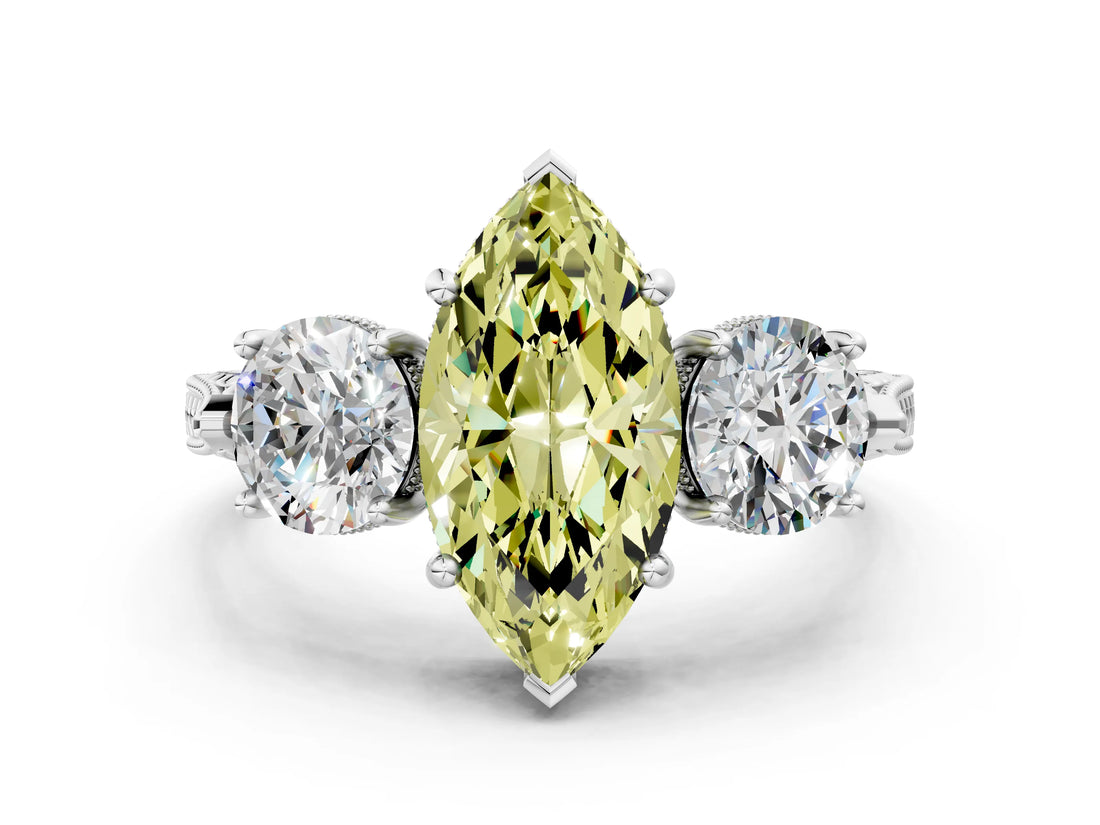 Silver Three-Stone Fancy Yellow Marquise Cut Cut Milgrain Band Prong Setting Ring_6