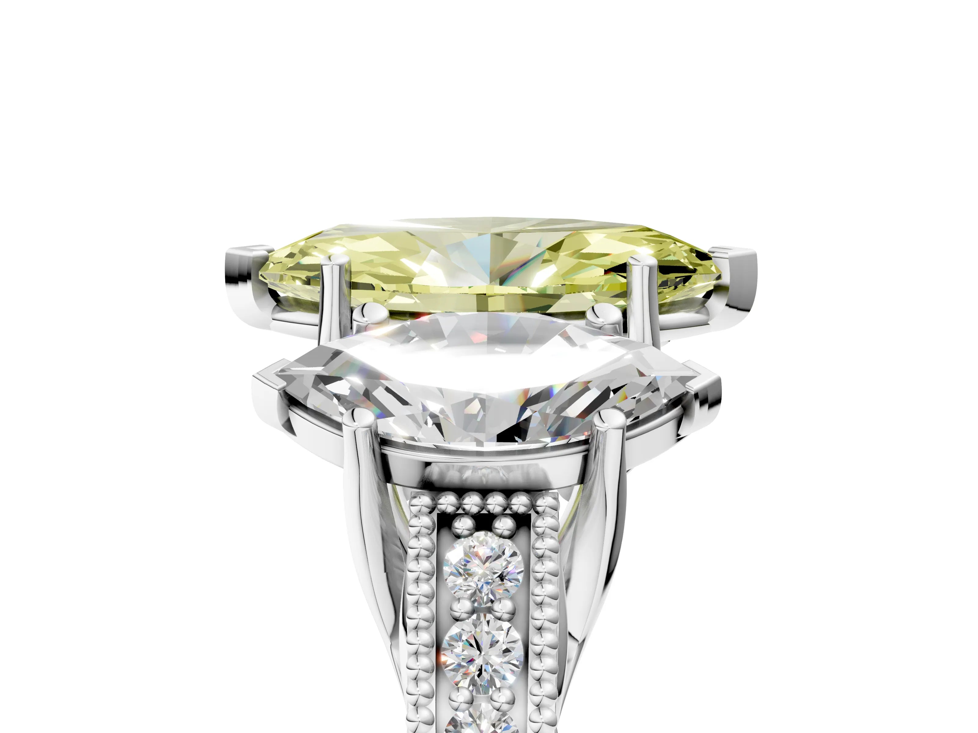 Silver Three-Stone Fancy Yellow Marquise Cut Cut Milgrain Pavé Engagement Ring_29