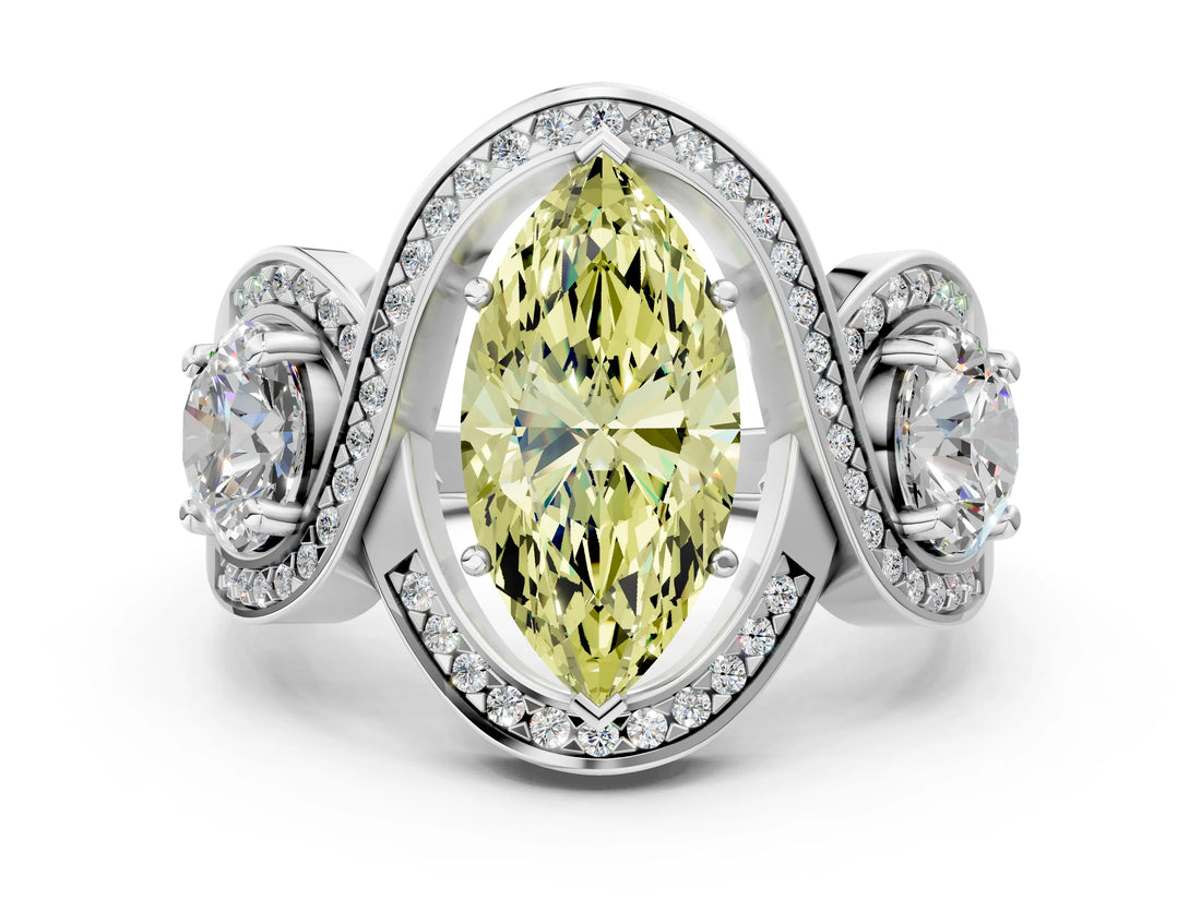 Silver Three-Stone Fancy Yellow Marquise Cut Diamond Wave Pave Band with Prong Setting_102