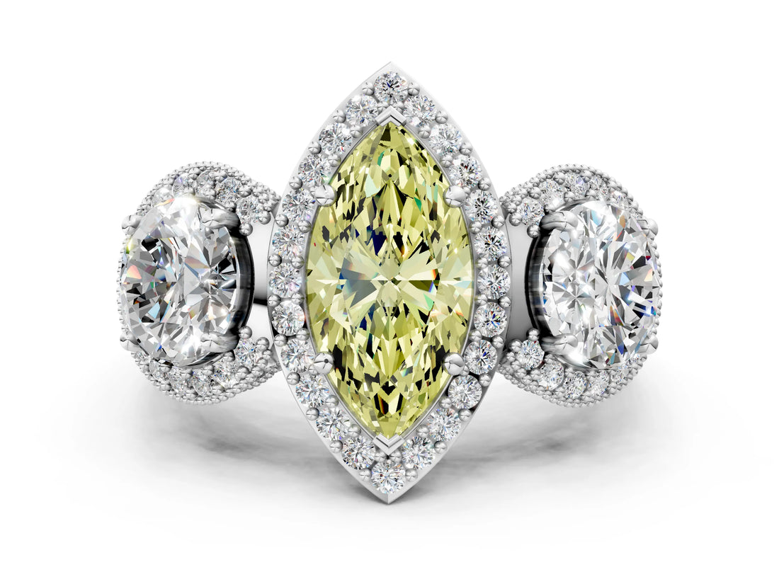 Silver Three-Stone Fancy Yellow Marquise Cut Halo Diamond Milgrain Band with Four-Prong Setting_6