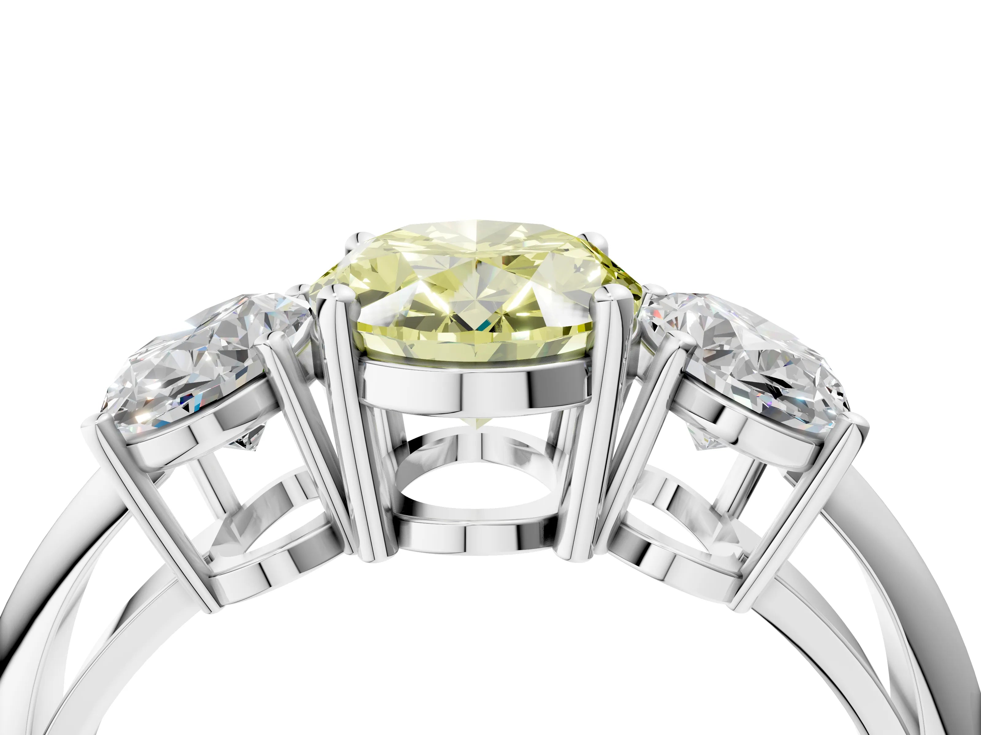 Silver Three-Stone Fancy Yellow Oval Cut Cut Diamond Engagement Ring with Prong Setting on a White Gold Band_70