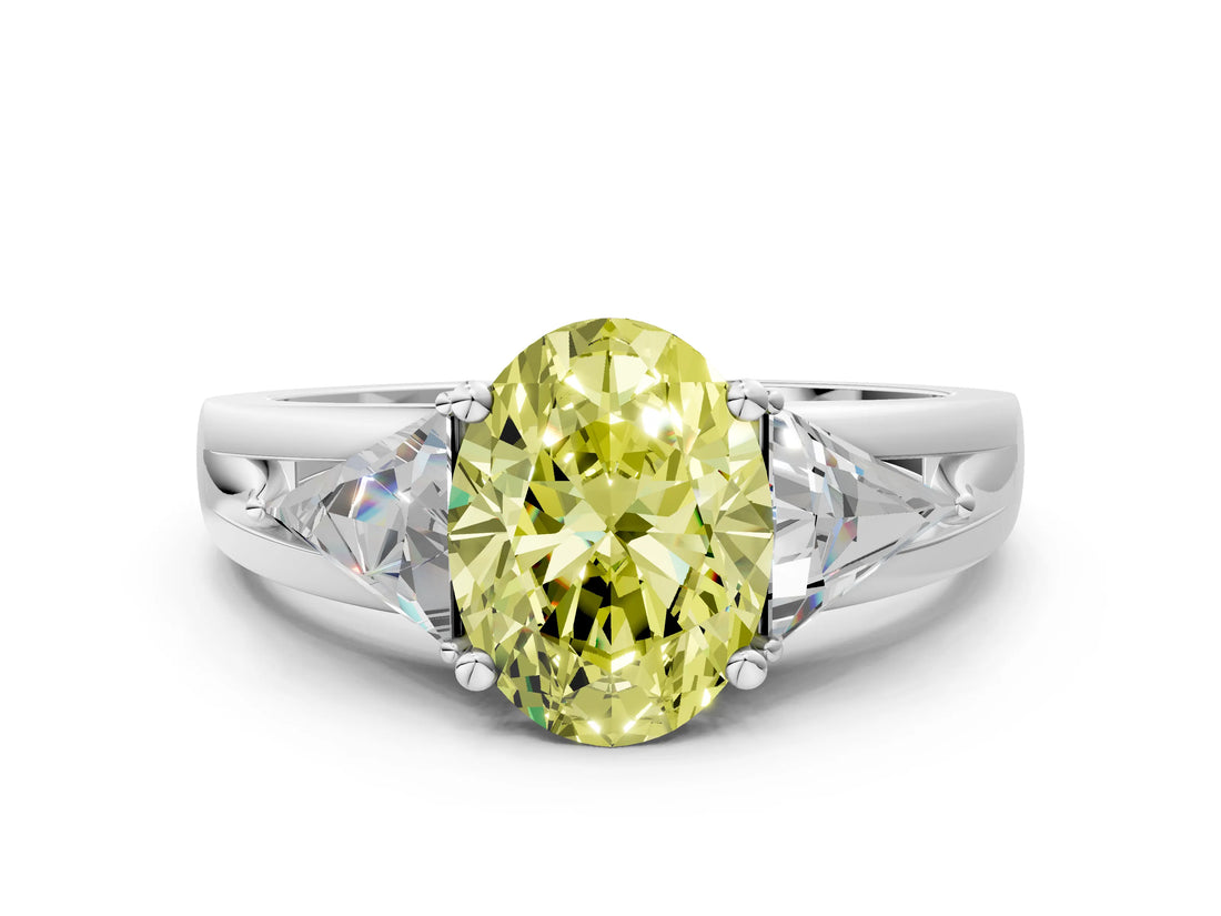 Silver Three-Stone Fancy Yellow Oval Cut Cut Diamond Ring with Trillion Side Stones on a Split Shank Band_30