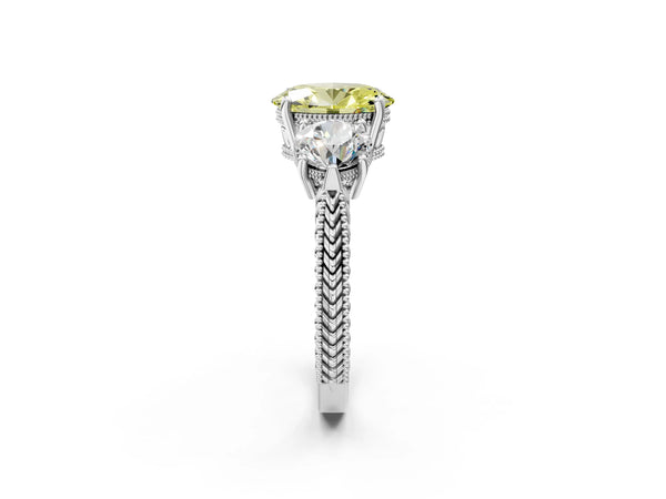 Sterling Silver Oval Vintage Three Stone Engagement Ring Setting for Fancy Yellow Center