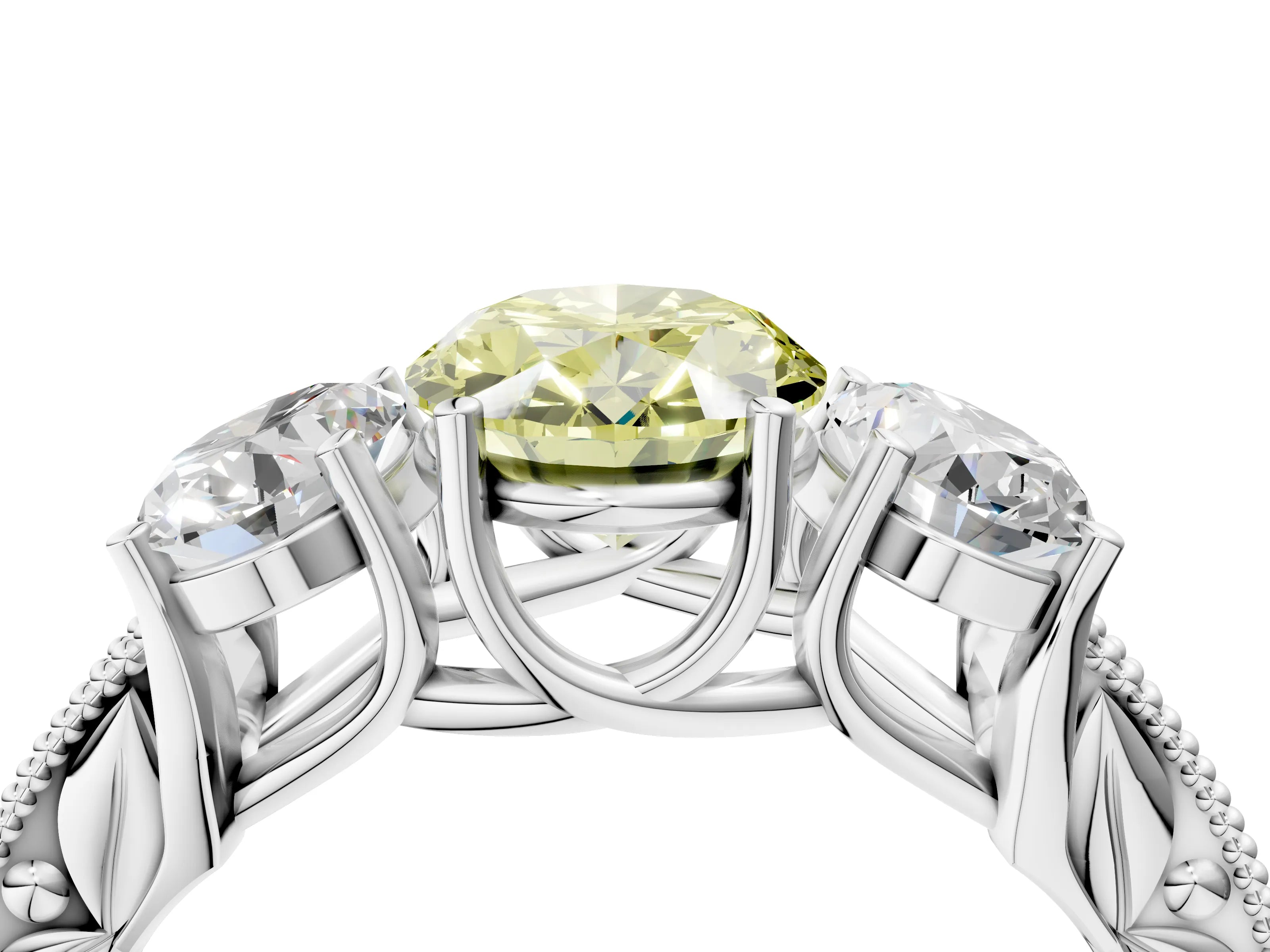 Silver Three-Stone Fancy Yellow Oval Cut Cut Milgrain Pavé Engagement Ring_22