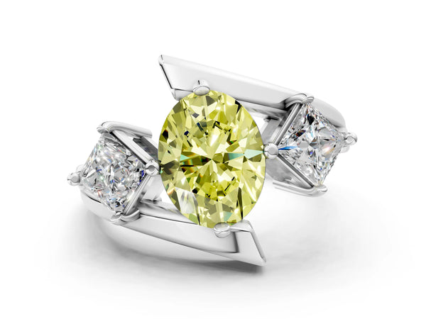 Silver Three-Stone Fancy Yellow Oval Cut Cut Tension Band Ring with Four-Prong Setting