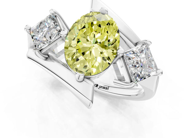 Silver Three-Stone Fancy Yellow Oval Cut Cut Tension Band Ring with Four-Prong Setting