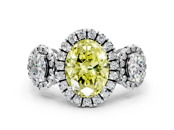 Silver Three-Stone Fancy Yellow Oval Cut Halo Diamond Ring with Pave Band and Four-Prong Setting