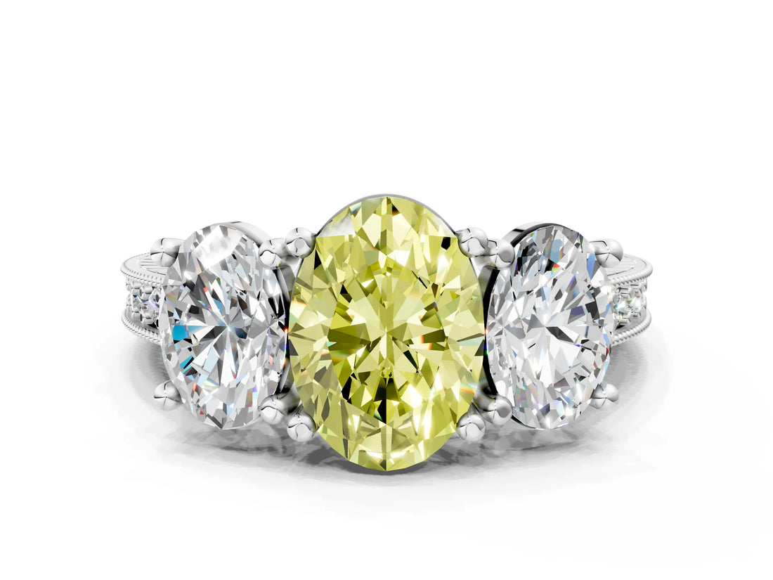 Silver Three-Stone Fancy Yellow Oval  Diamond Milgrain Pave Band with Prong Setting 1