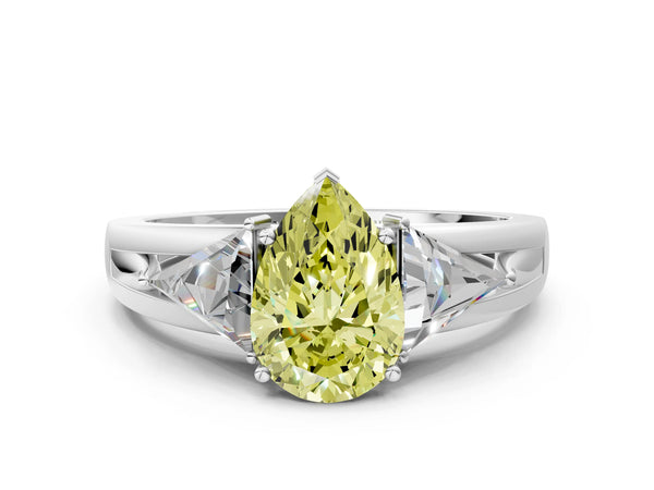 Sterling Silver Pear-Shaped Split Shank Three Stone Engagement Ring Setting for Fancy Yellow Center