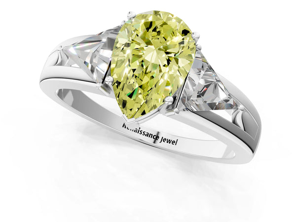 Sterling Silver Pear-Shaped Split Shank Three Stone Engagement Ring Setting for Fancy Yellow Center