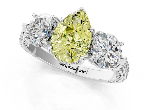 Sterling Silver Pear-Shaped Vintage Three Stone Engagement Ring Setting for Fancy Yellow Center