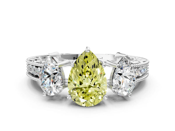 Sterling Silver Pear-Shaped Engraved Three Stone Engagement Ring Setting for Fancy Yellow Center