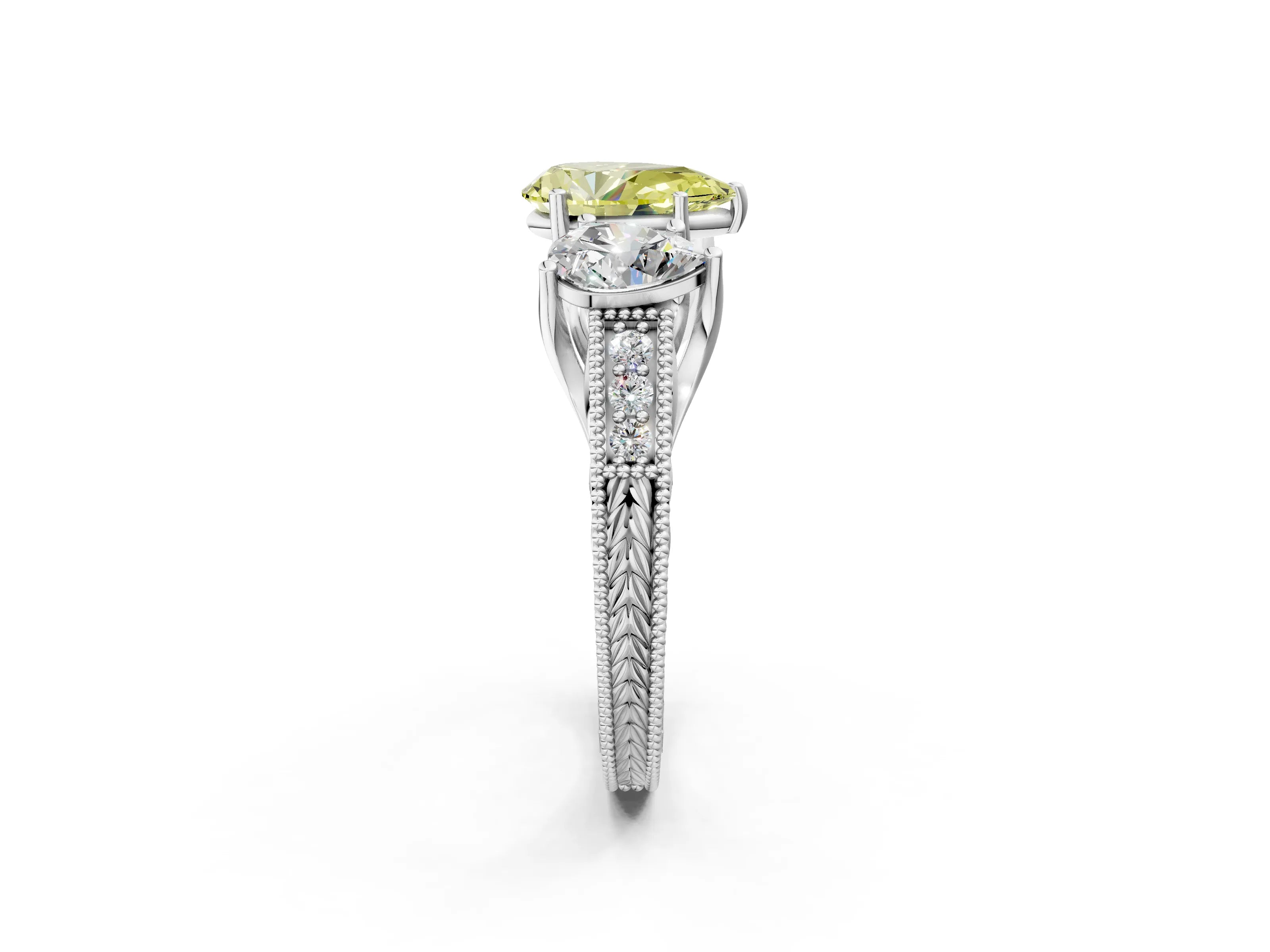Silver Three-Stone Fancy Yellow Pear Cut Cut Milgrain Pavé Engagement Ring_21