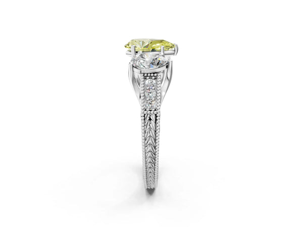 Sterling Silver Pear-Shaped Engraved Three Stone Engagement Ring Setting for Fancy Yellow Center
