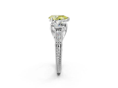 Silver Three-Stone Fancy Yellow Pear Cut Cut Milgrain Pavé Engagement Ring_21