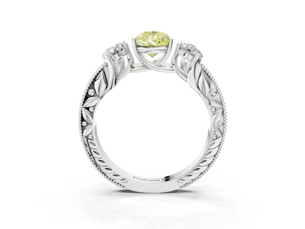 Sterling Silver Pear-Shaped Engraved Three Stone Engagement Ring Setting for Fancy Yellow Center