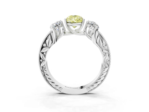 Silver Three-Stone Fancy Yellow Pear Cut Cut Milgrain Pavé Engagement Ring_22