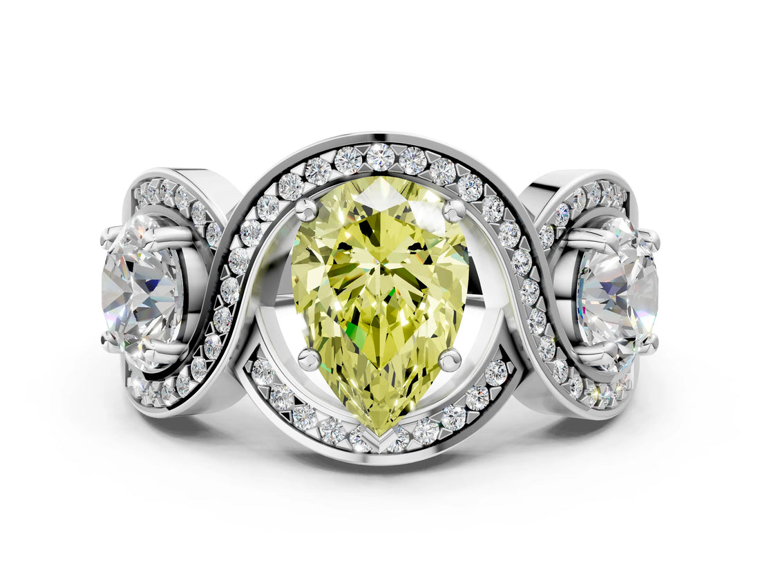 Silver Three-Stone Fancy Yellow Pear Cut Diamond Wave Pave Band with Prong Setting_6