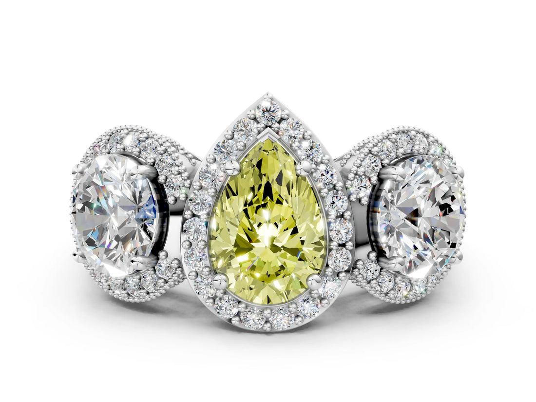 Silver Three-Stone Fancy Yellow Pear Cut Halo Diamond Milgrain Band with Four-Prong Setting_12