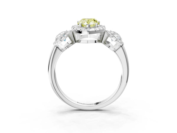 Silver Three-Stone Fancy Yellow Pear Cut Halo Diamond Ring with Pave Band and Four-Prong Setting
