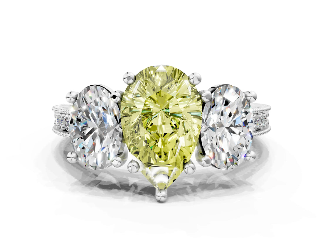 Silver Three-Stone Fancy Yellow Pear  Diamond Milgrain Pave Band with Prong Setting