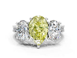 Silver Three-Stone Fancy Yellow Pear  Diamond Milgrain Pave Band with Prong Setting