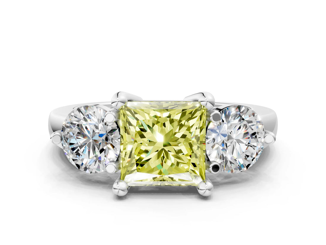Silver Three-Stone Fancy Yellow Princess  Brilliant Cut Solitaire Ring with Prong Setting on a Classic Band