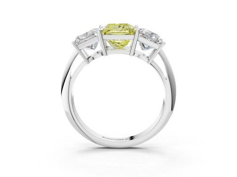 Silver Three-Stone Fancy Yellow Princess Cut Cut Diamond Engagement Ring with Prong Setting on a White Gold Band_45