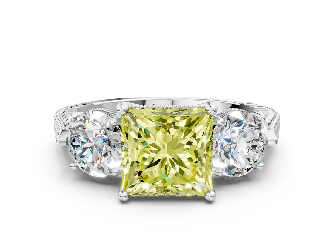 Silver Three-Stone Fancy Yellow Princess Cut Cut Milgrain Band Prong Setting Ring_42