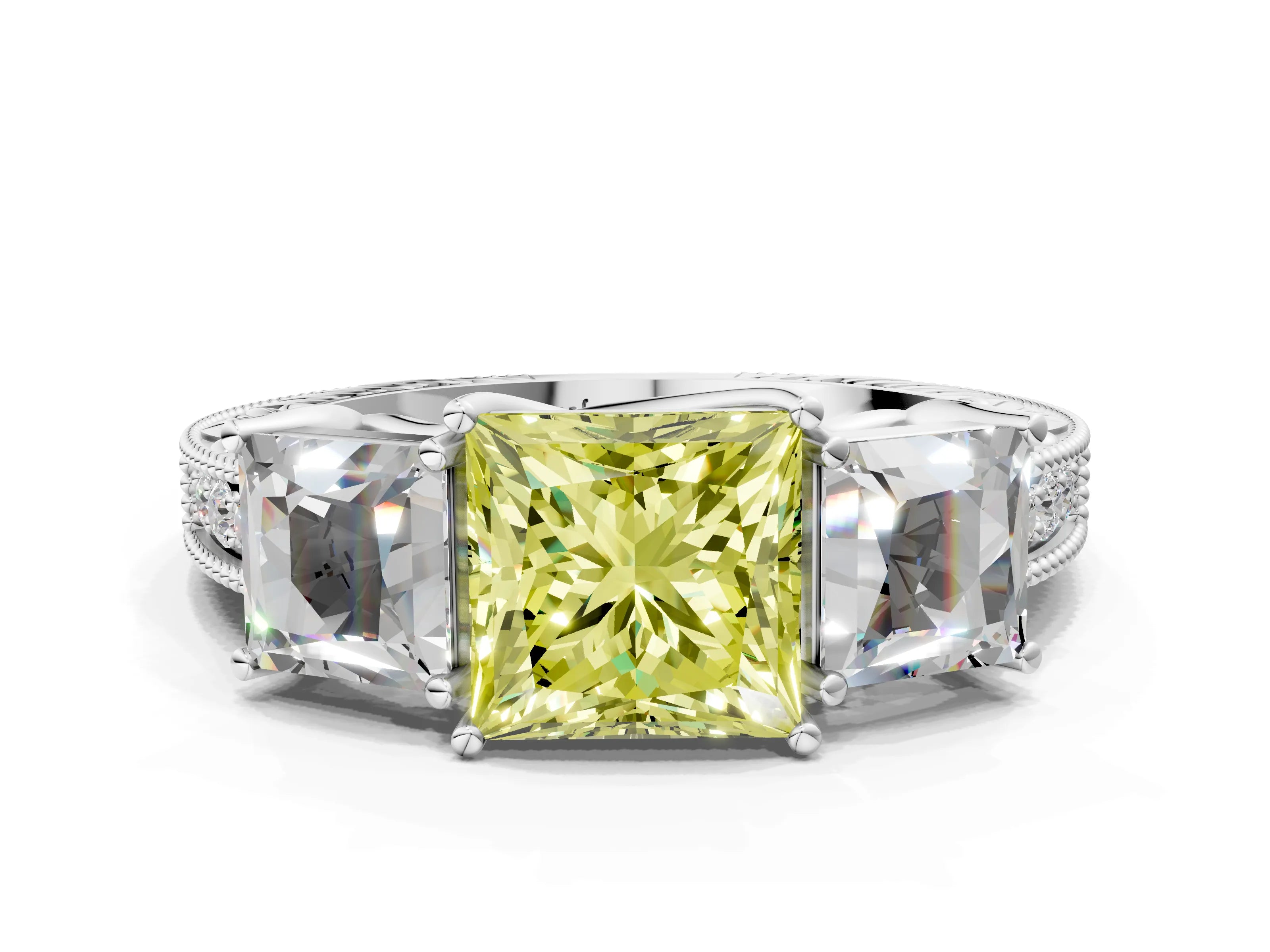 Silver Three-Stone Fancy Yellow Princess Cut Cut Milgrain Pavé Engagement Ring_18