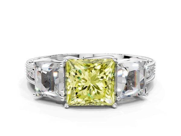 Sterling Silver Princess Cut Engraved Three Stone Engagement Ring Setting for Fancy Yellow Center