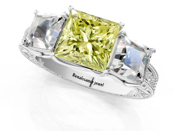 Sterling Silver Princess Cut Engraved Three Stone Engagement Ring Setting for Fancy Yellow Center