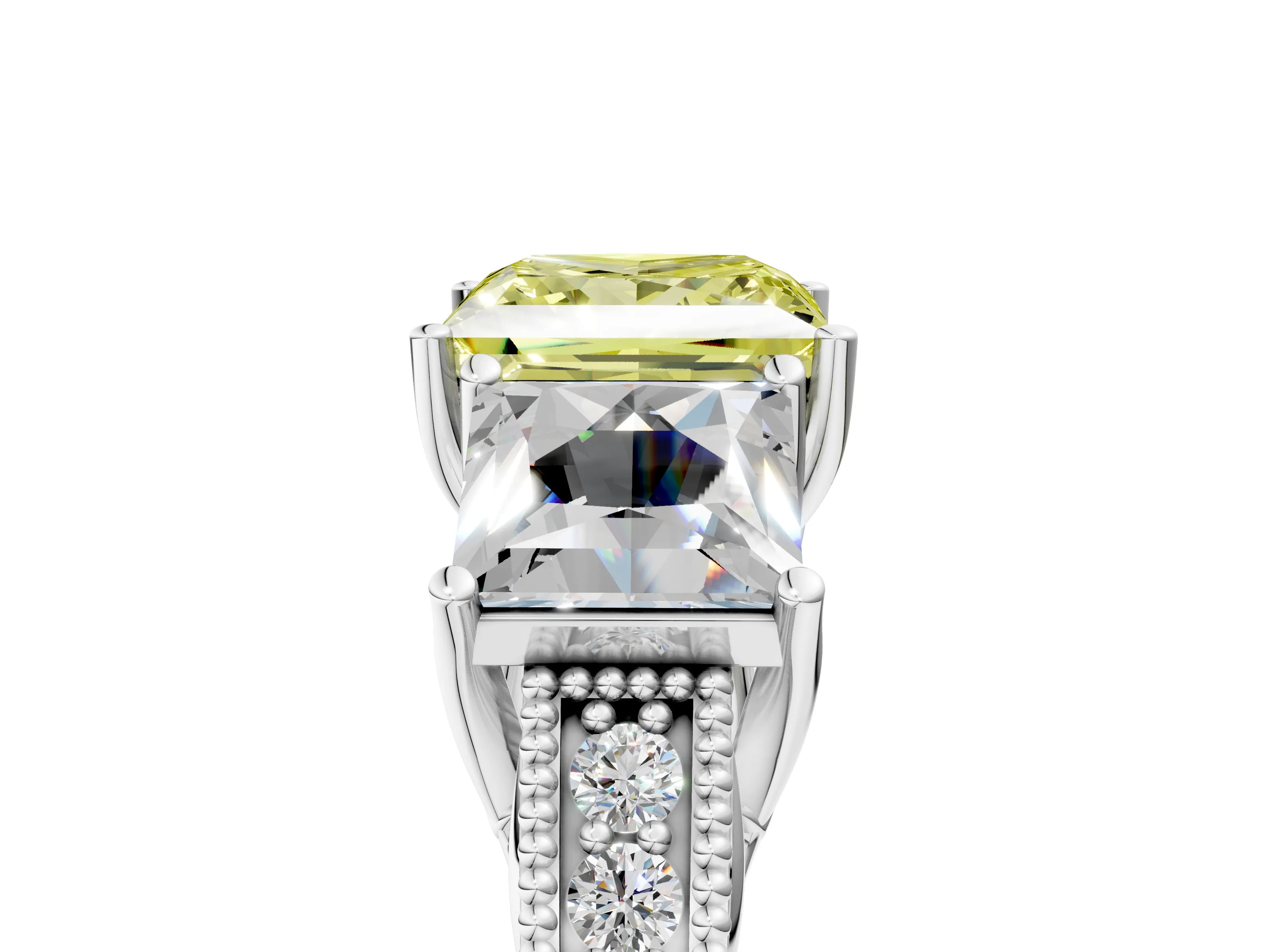 Silver Three-Stone Fancy Yellow Princess Cut Cut Milgrain Pavé Engagement Ring_23