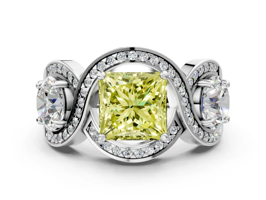 Silver Three-Stone Fancy Yellow Princess Cut Diamond Wave Pave Band with Prong Setting_18