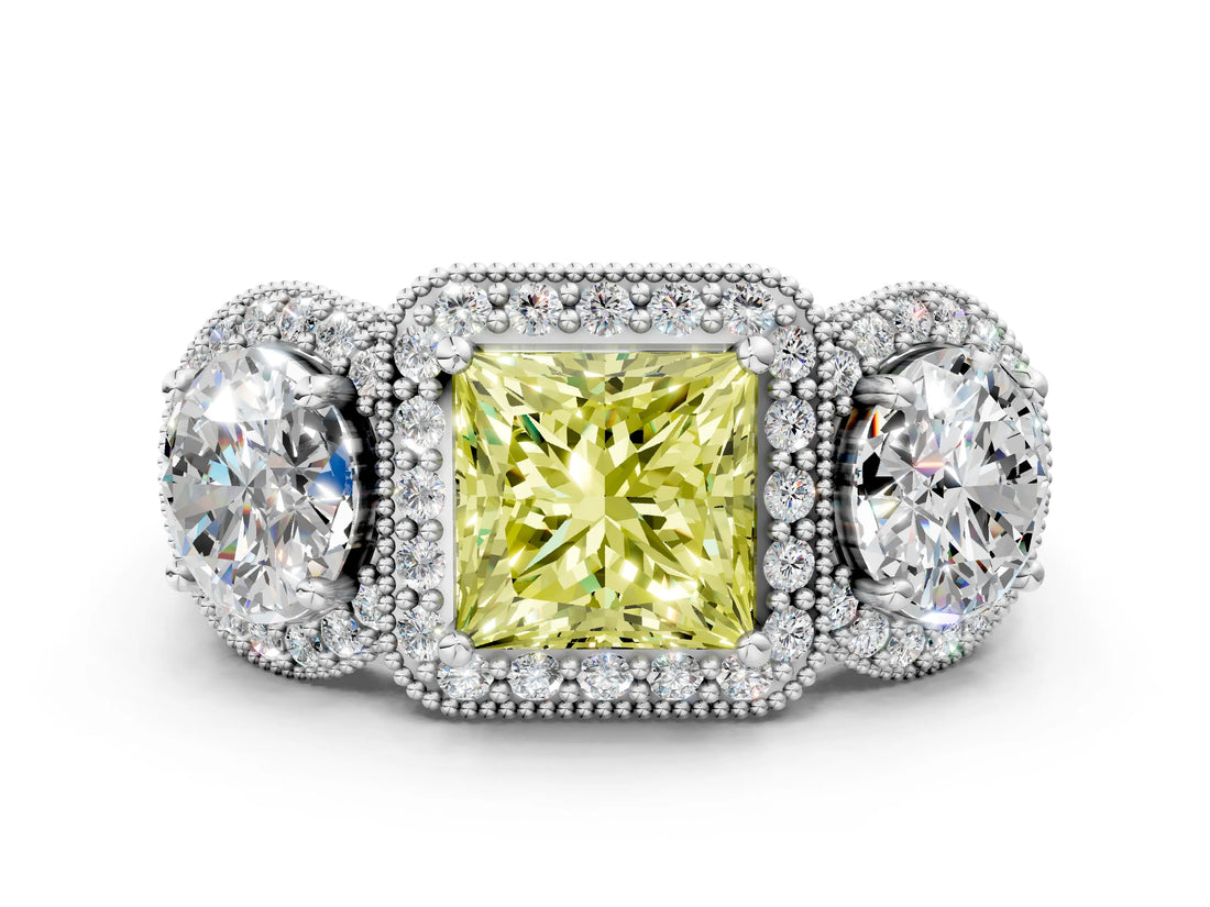 Silver Three-Stone Fancy Yellow Princess Cut Halo Diamond Milgrain Band with Four-Prong Setting_12