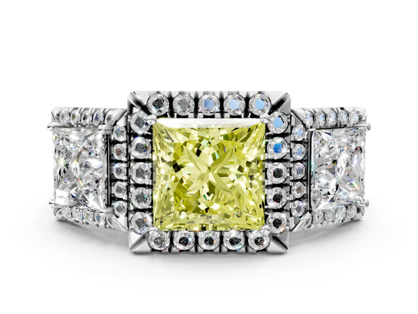 Silver Three-Stone Fancy Yellow Princess Cut Halo Diamond Ring with Pave Band and Four-Prong Setting