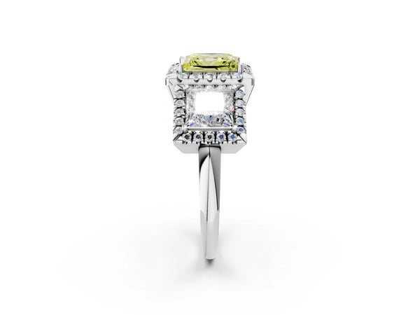 Silver Three-Stone Fancy Yellow Princess Cut Halo Diamond Ring with Pave Band and Four-Prong Setting