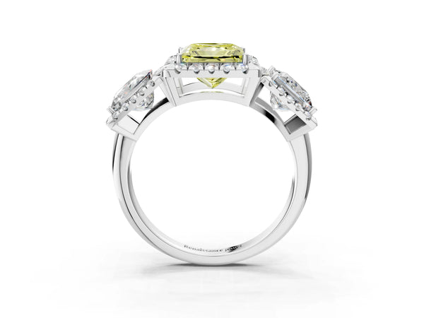Silver Three-Stone Fancy Yellow Princess Cut Halo Diamond Ring with Pave Band and Four-Prong Setting
