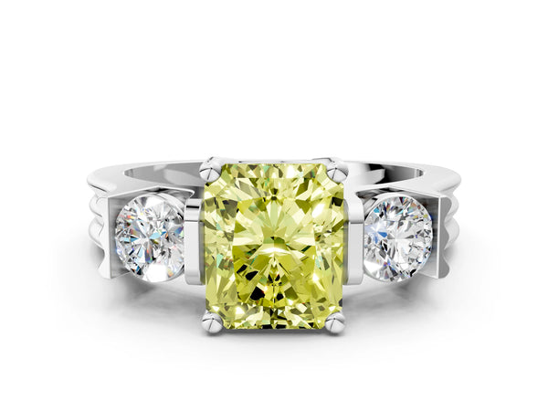 Silver Three-Stone Fancy Yellow Radiant Cut Classic Band Prong Setting Ring