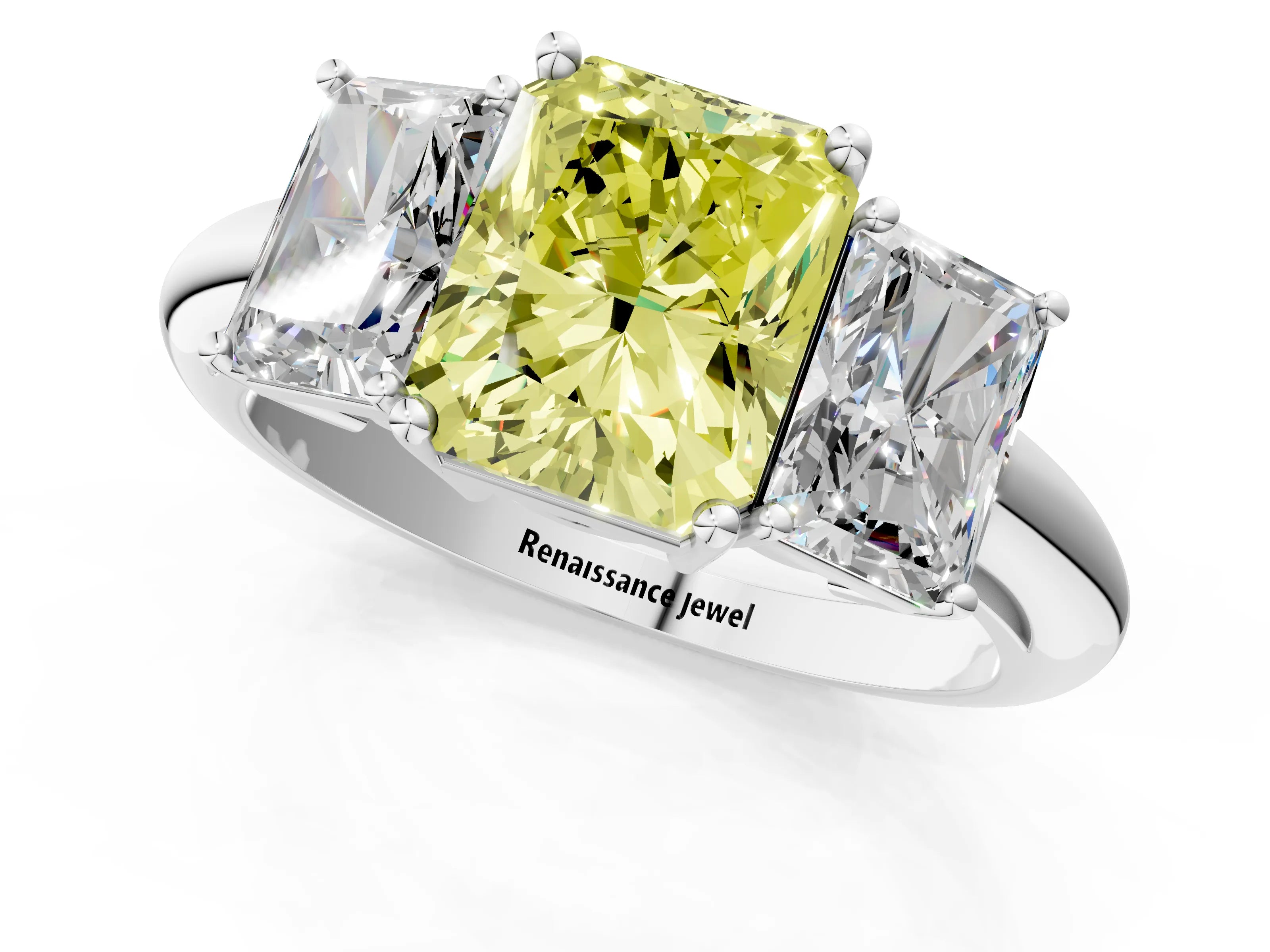 Silver Three-Stone Fancy Yellow Radiant Cut Cut Diamond Engagement Ring with Prong Setting on a White Gold Band_43