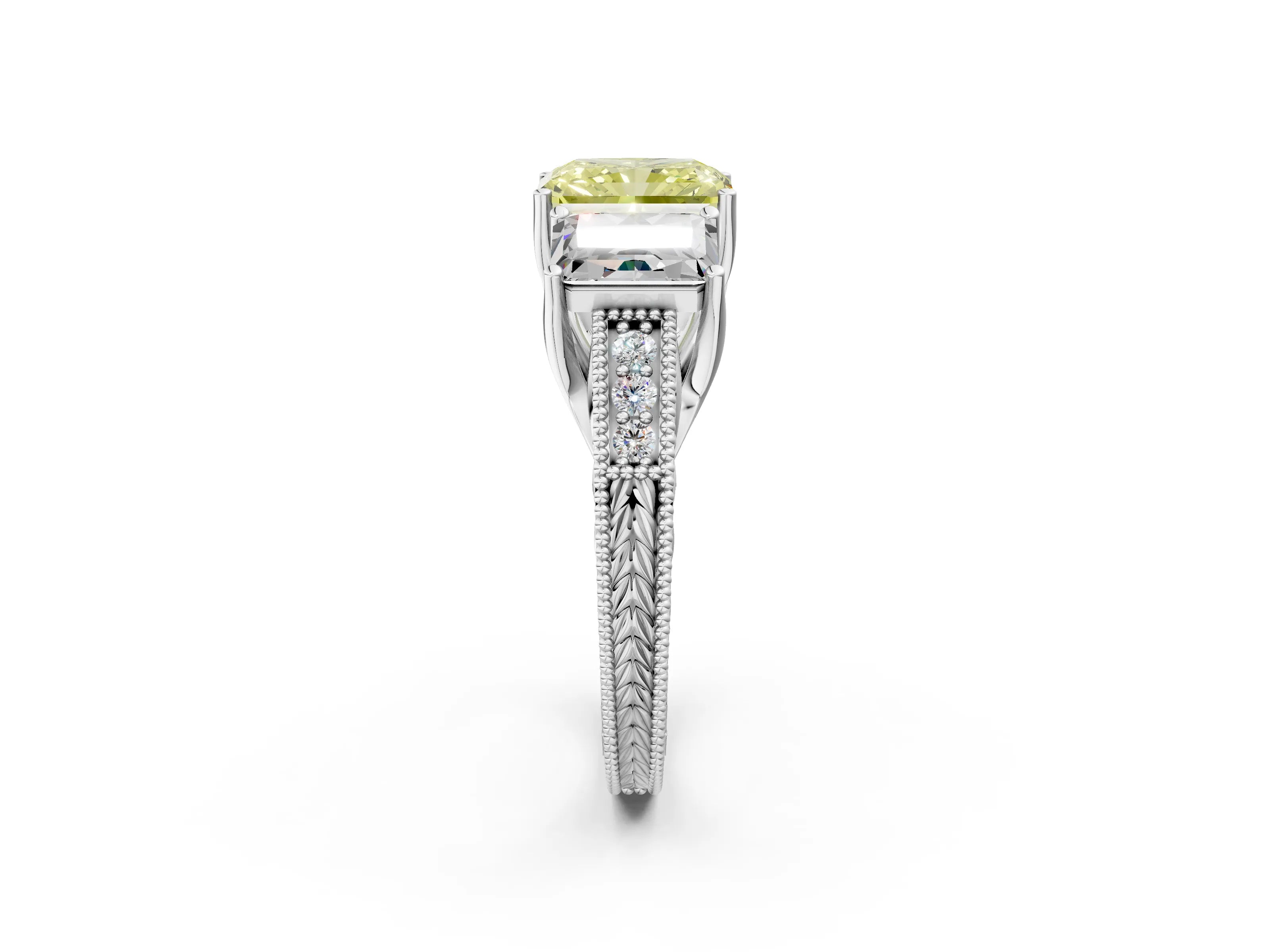 Silver Three-Stone Fancy Yellow Radiant Cut Cut Milgrain Pavé Engagement Ring_21