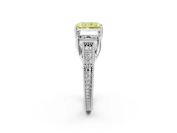 Sterling Silver Radiant Cut Engraved Three Stone Engagement Ring Setting for Fancy Yellow Center