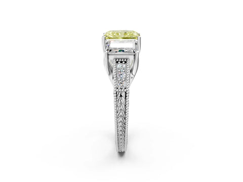 Silver Three-Stone Fancy Yellow Radiant Cut Cut Milgrain Pavé Engagement Ring_21