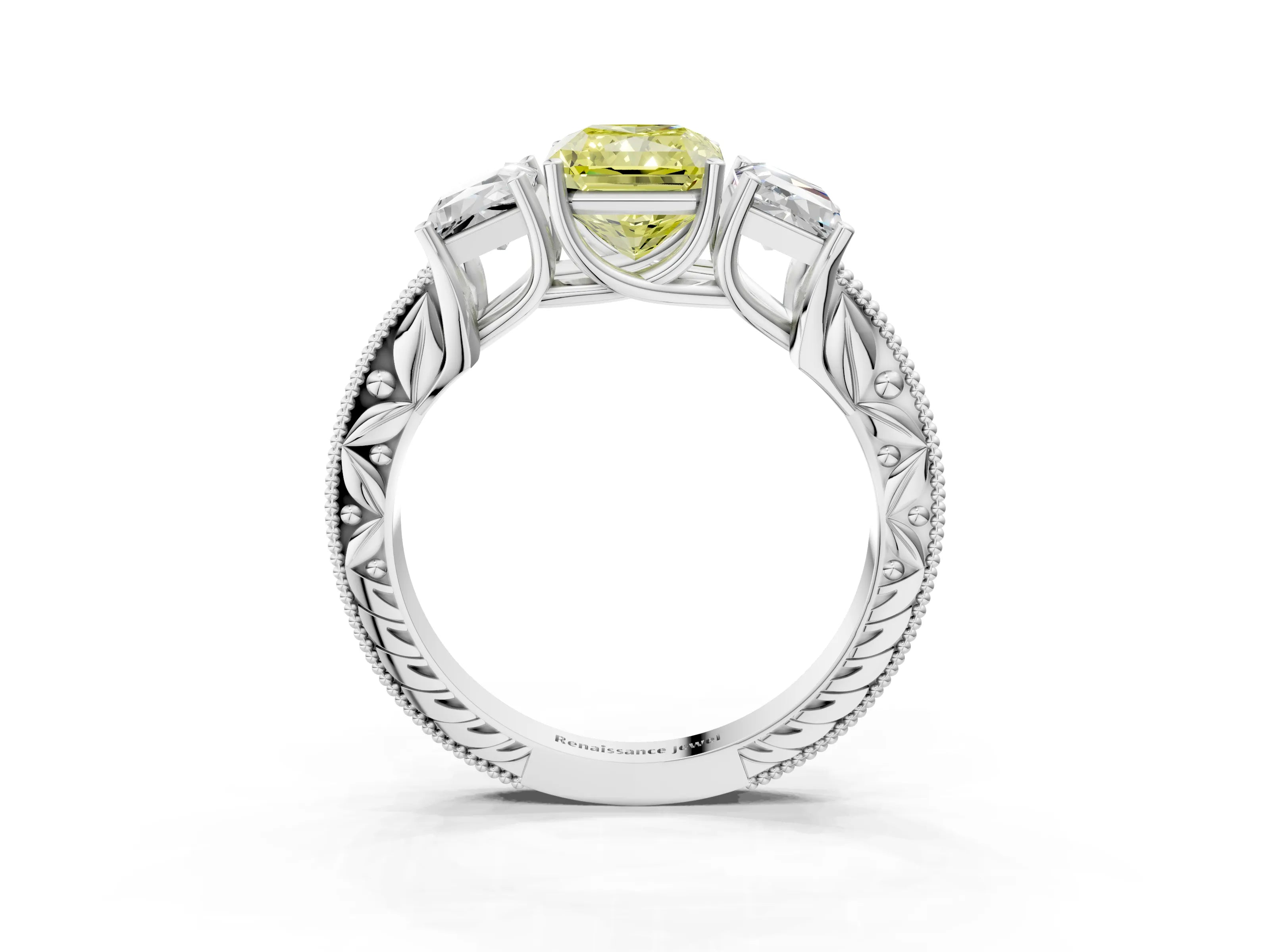 Silver Three-Stone Fancy Yellow Radiant Cut Cut Milgrain Pavé Engagement Ring_22