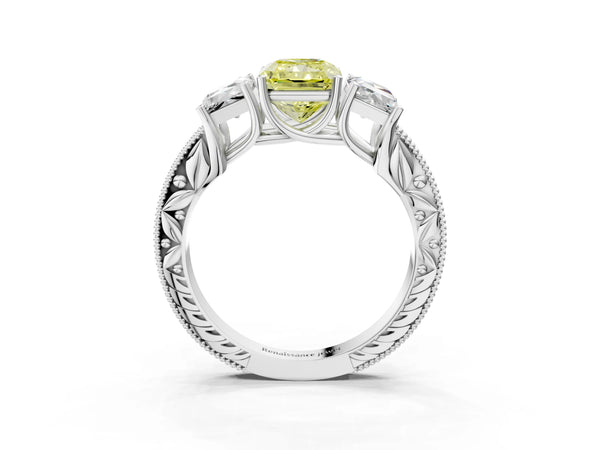 Sterling Silver Radiant Cut Engraved Three Stone Engagement Ring Setting for Fancy Yellow Center